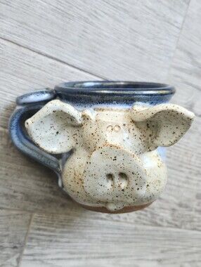 Handmade Pig Pottery Blue Beige Glazed Coffee Mug